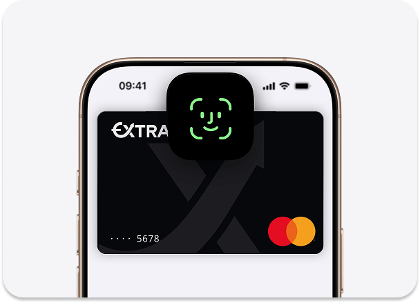 iPhone mit der Extra Karte in der Wallet und dem Face-ID-Erkennungszeichen